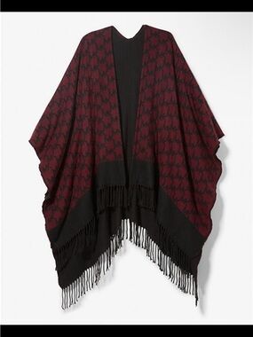 Michael Kors Burgundy and Black Knit Poncho with Fringe